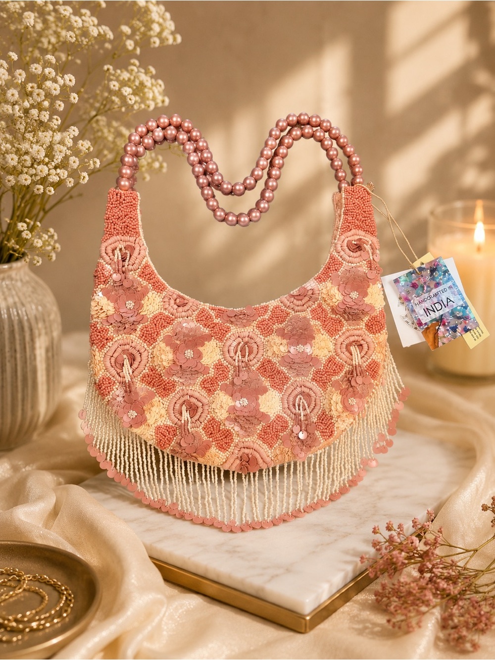Made in India | Handbeaded Floral Fringe Shoulder Bag in Peach Pink